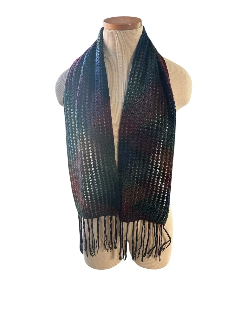 100% Baby Alpaca Open Knit Scarf Dark Plaid Fringe Whimsigoth Y2K